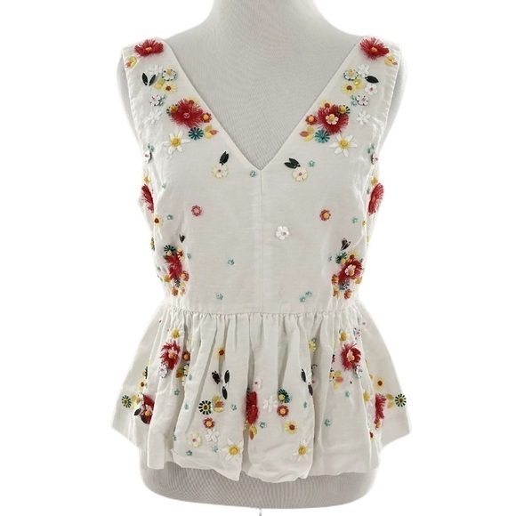 J crew womens top size 4P white 67% linen floral bedazzled embroidered peplum - Picture 15 of 15
